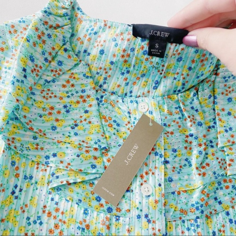 J. Crew | Ruffle Top In Field Day Print Aqua Small Ditsy Floral Mint New Viscose - Picture 12 of 15